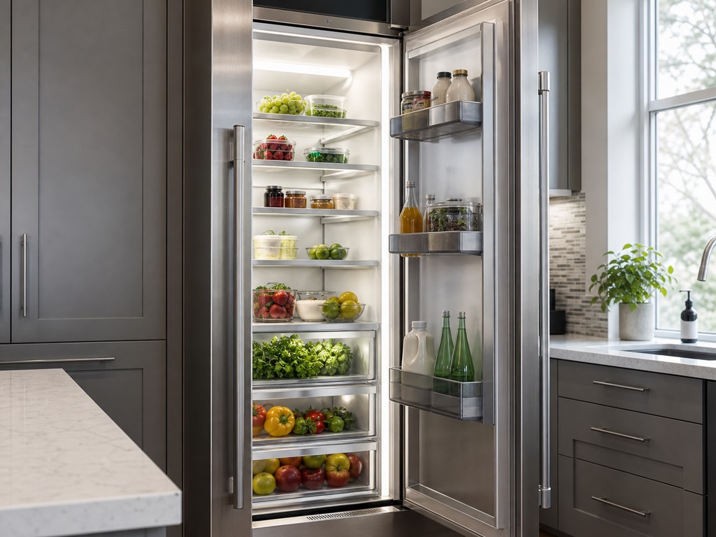 Built-in Sub-Zero refrigerator being repaired in a Walnut Creek estate kitchen