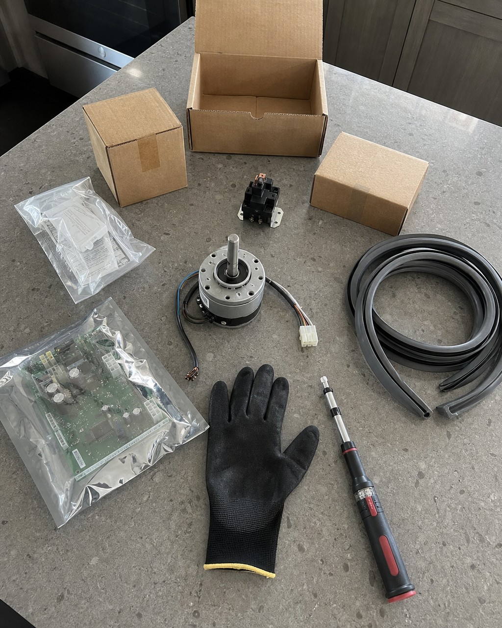 Genuine OEM Sub-Zero parts that drive repair cost laid out in a Walnut Creek kitchen